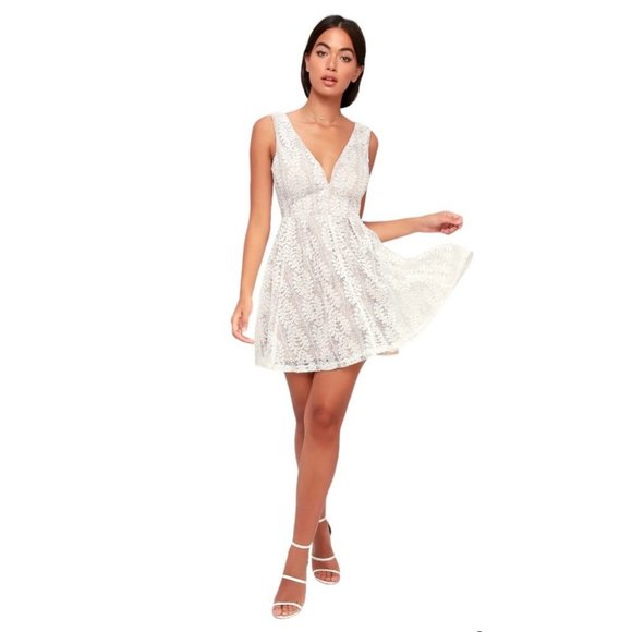 Lulus "All of My Heart" Lace Skater Dress White Nude V-neckline Size Medium - Picture 1 of 15